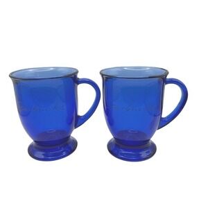 Starbucks Coffee Mugs Cobalt Blue Glass by Anchor Hocking Etch Script Logo 14oz